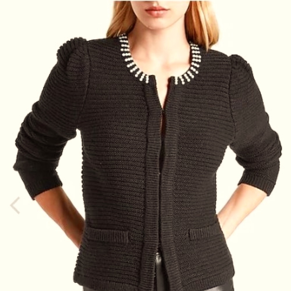 NWT Express Pearl Collar Trim Knit Sweater Jacket w/ Puff Sleeves Size: XS